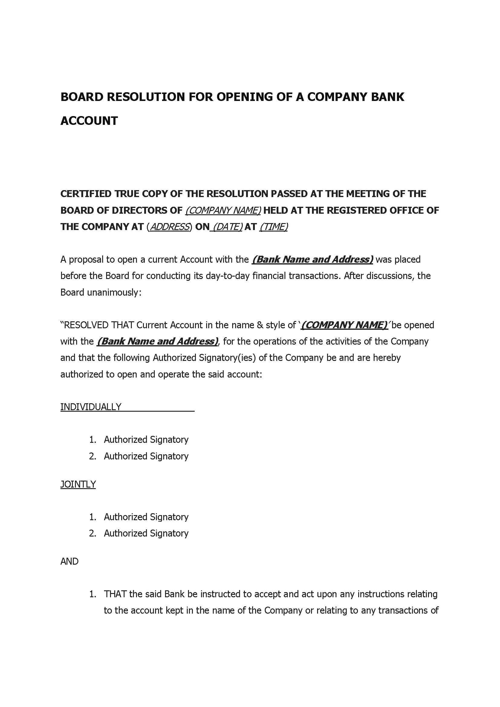 Board Resolution For Opening Of A Company Bank Account